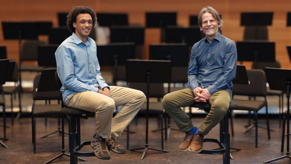 Toussaint Santicola Jones in the music room with his thesis adviser, Steve Mackey.