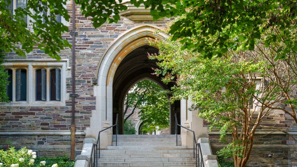 Steps leading up to a stone arch that allows pedestrians to walk through a building to the other side.