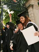Hugs and cheers at the campus gate