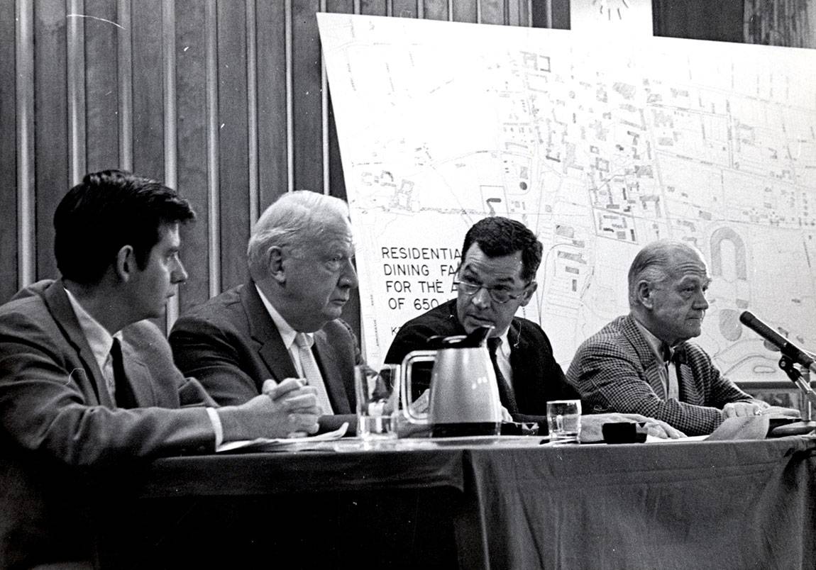 Princeton President Emeritus William G. Bowen seen here as provost with Trustee James Oates Jr., President Robert F. Goheen, Financial Vice President and Treasurer Ricardo Mestres