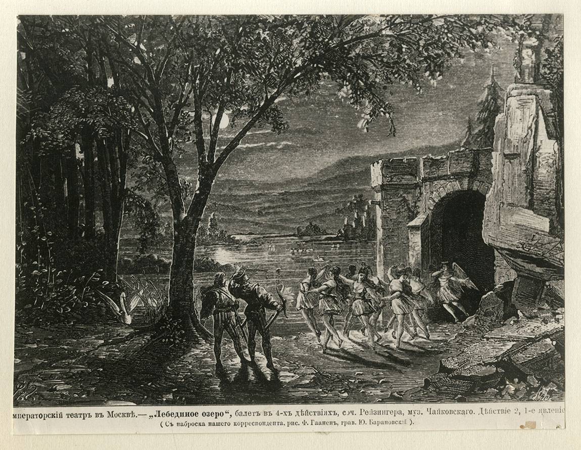 Bolshoi Confidential illustration depicting the appearance of swan maidens for 1877 production of 'Swan Lake'