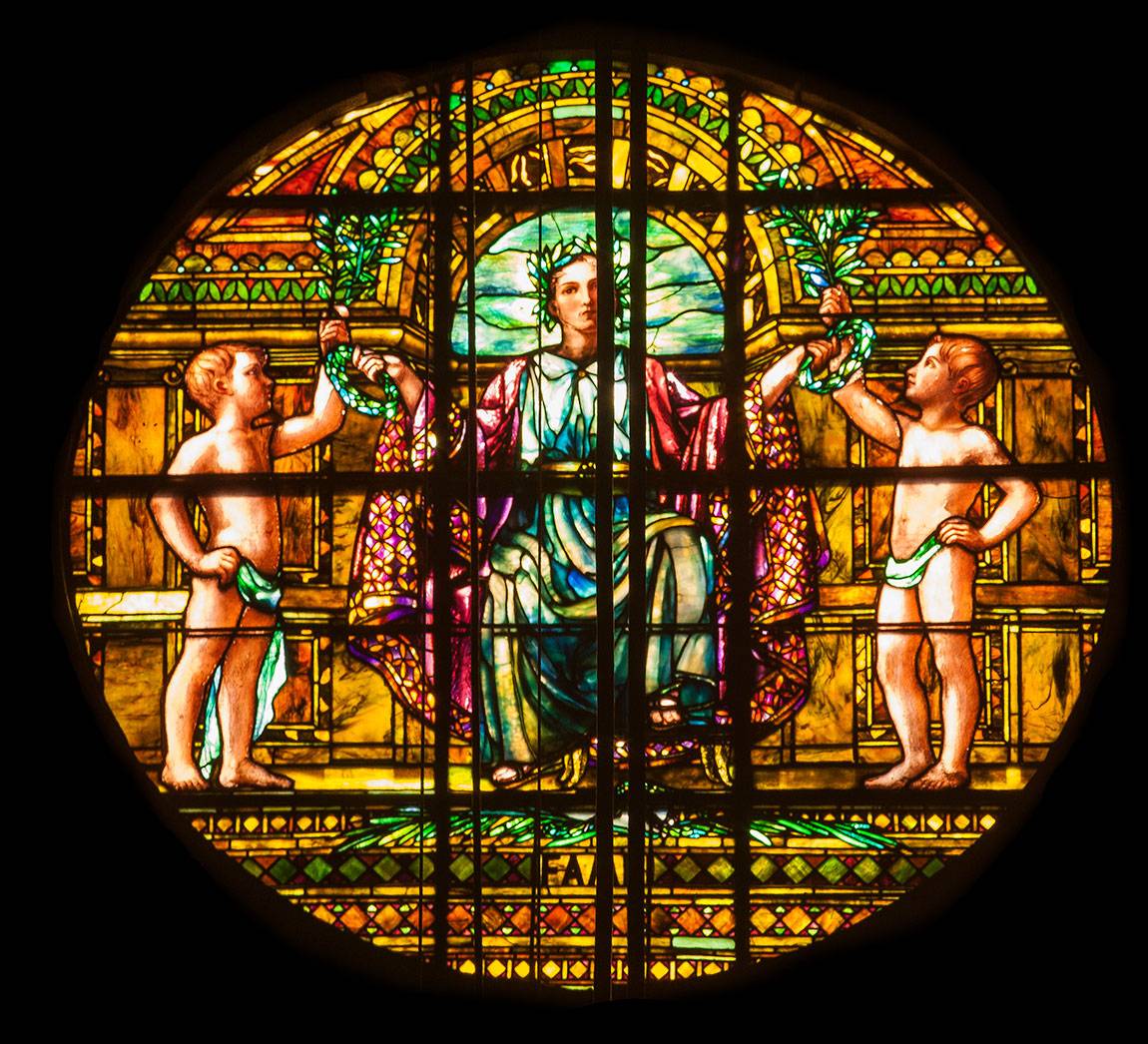 Richardson Auditorium in Alexander Hall stained glass panel