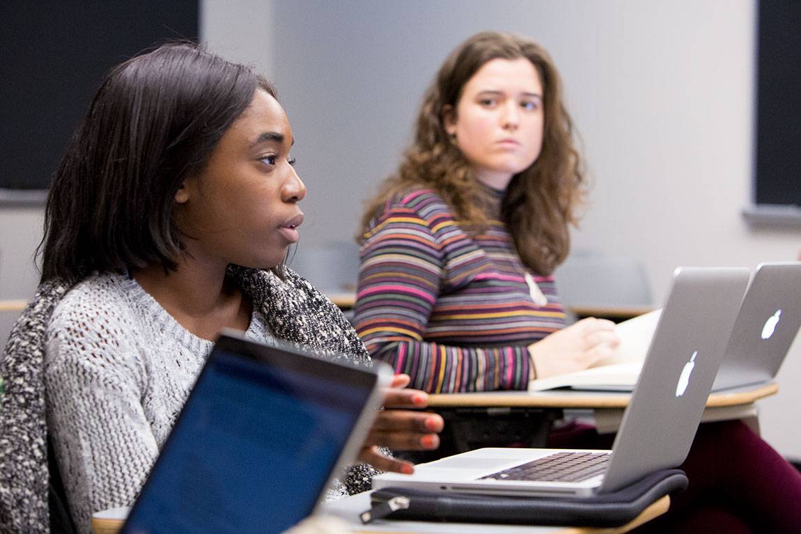 Senior Konadu Amoakah and junior Anne Merrill in The Literature of Environmental Disaster taught by Göran Blix, associate professor of French and Italian.