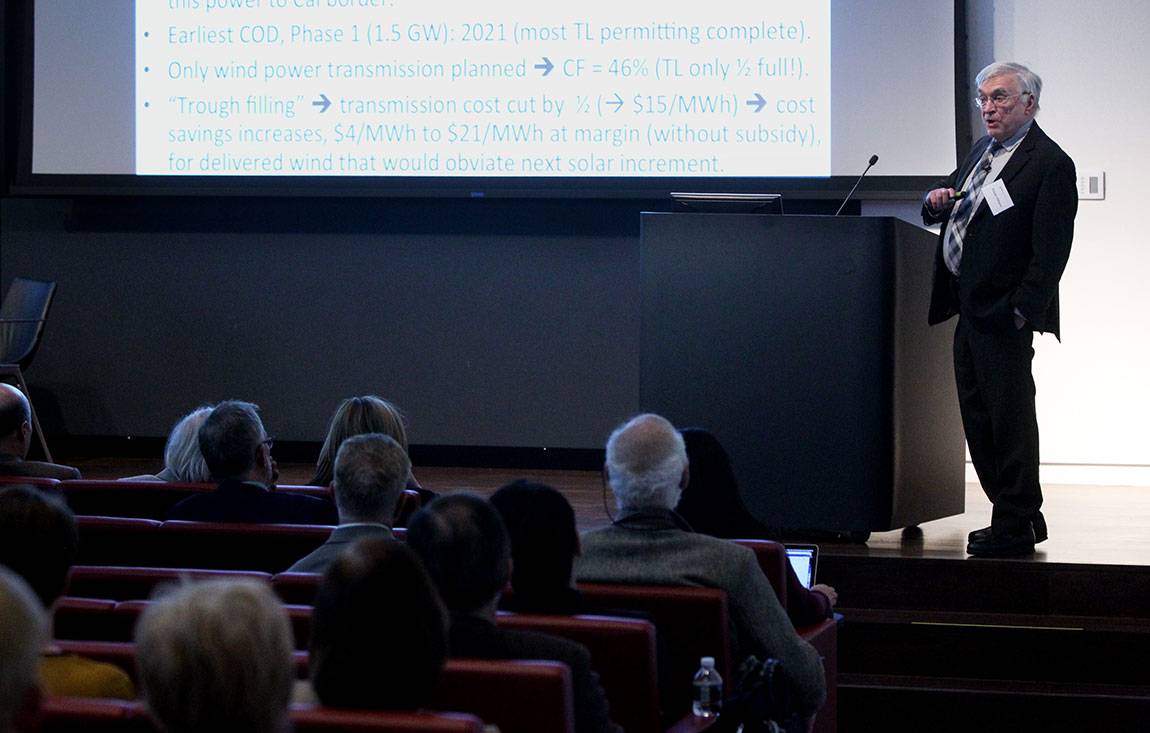 The symposium "Energy for a Carbon-Constrained World" held April 3 in Princeton's Andlinger Center for Energy and the Environment honored Robert Williams (above), who presented a talk on his study combining wind power with hydrogen-fired generators as backup for periods of calm winds. Williams retired from Princeton this year after a 47-year career during which he received a MacArthur Fellowship for groundbreaking research into sustainable energy development. <i>(Photos by Frank Wojciechowski for the And...