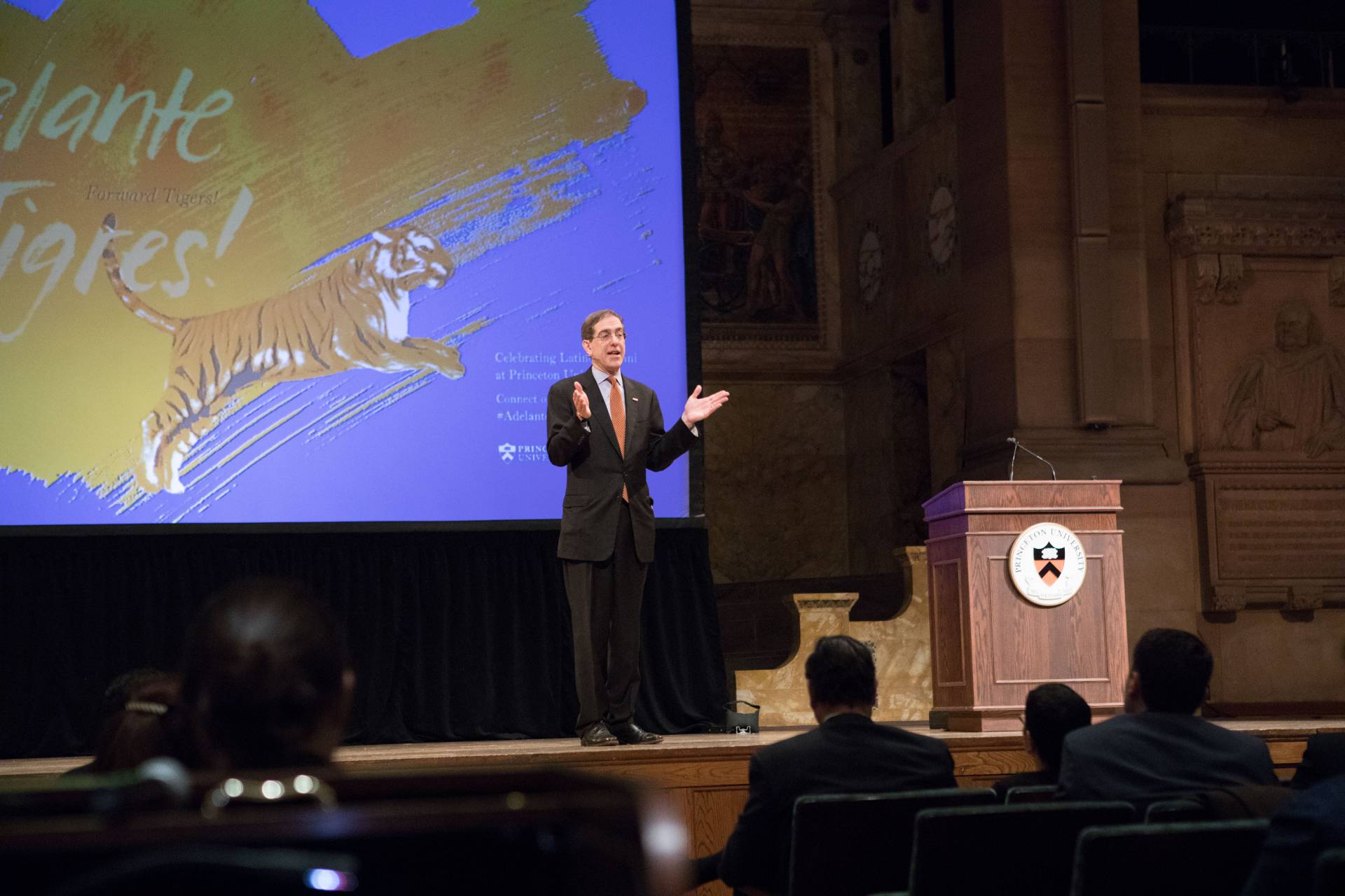 Adelante Tigres Conference: President Eisgruber on stage at Alexander Hall