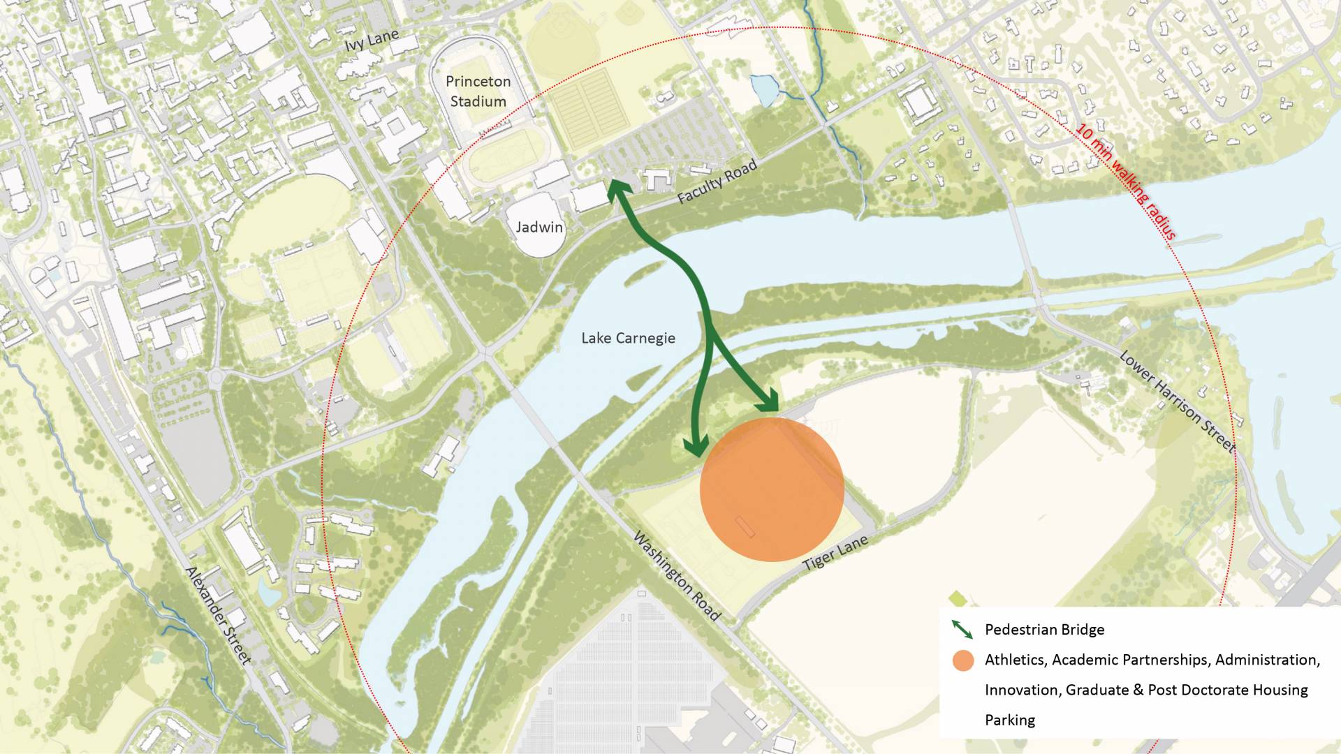 A map showing a possible bridge across Lake Carnegie leading to land to developed in West Windsor.