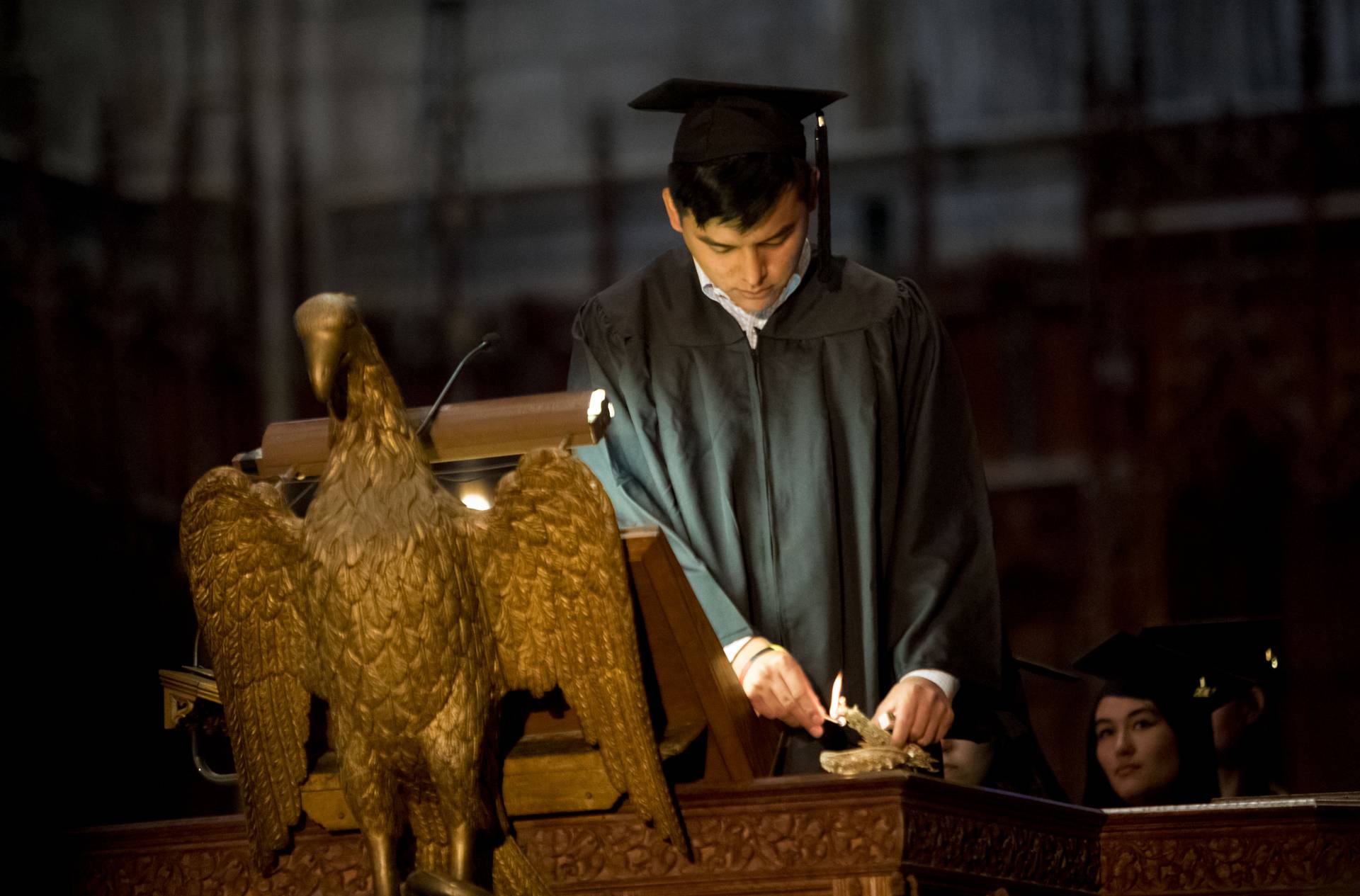 Emery Real Bird at podium during Baccalaureate 2017 ceremony