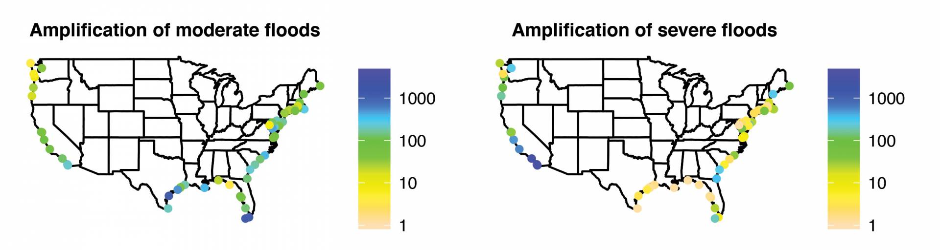 Map that shows sea-level rise will boost the number of moderate and severe coastal floods by different amounts based on the location around the country
