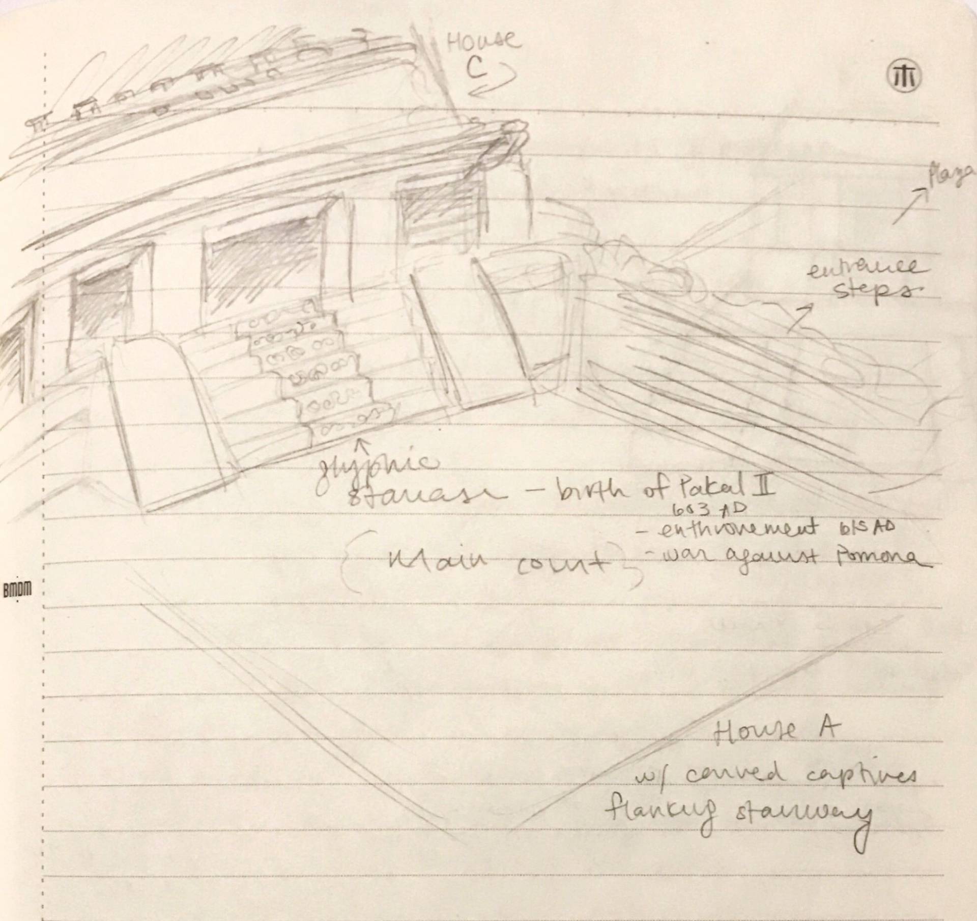 Close-up of sketch of East Court of Palenque's Palace