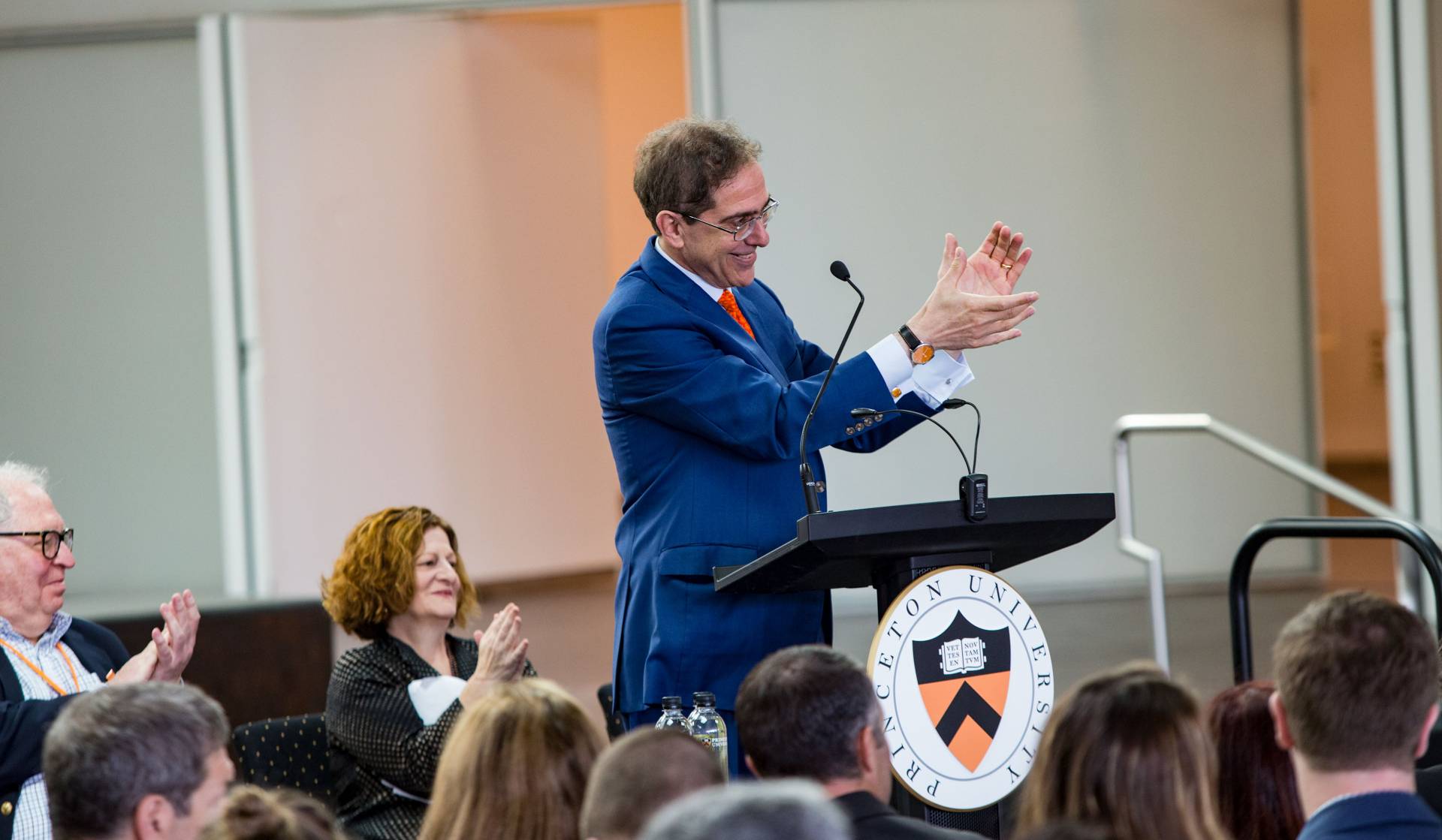 President Eisgruber at podium thanking Shirley Tilghman