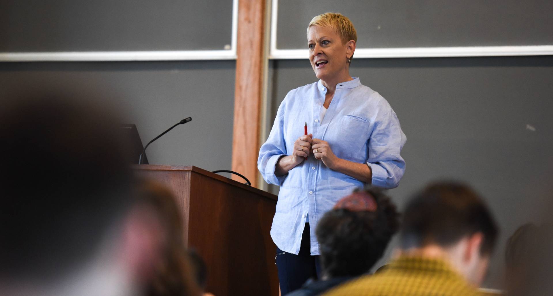 Kathryn Edin speaking to students