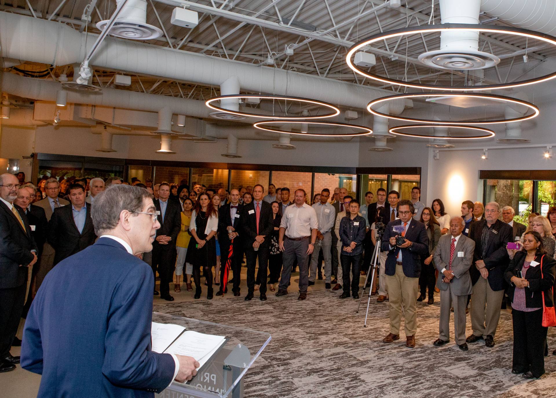 President Eisgruber speaking to crowd at Princeton Innovation Center BioLabs opening