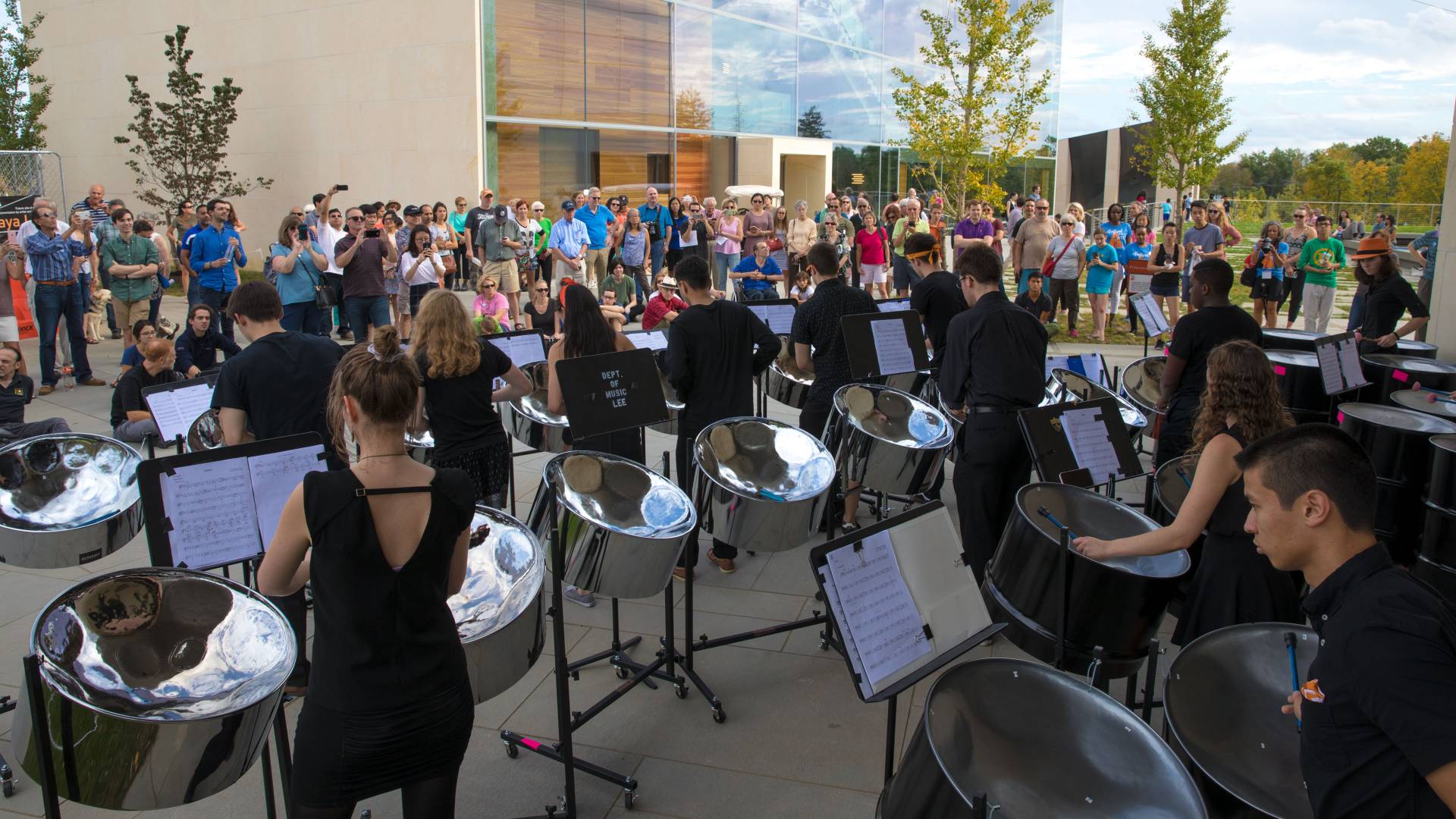 Princeton steel band performing outside at Lewis Arts complex