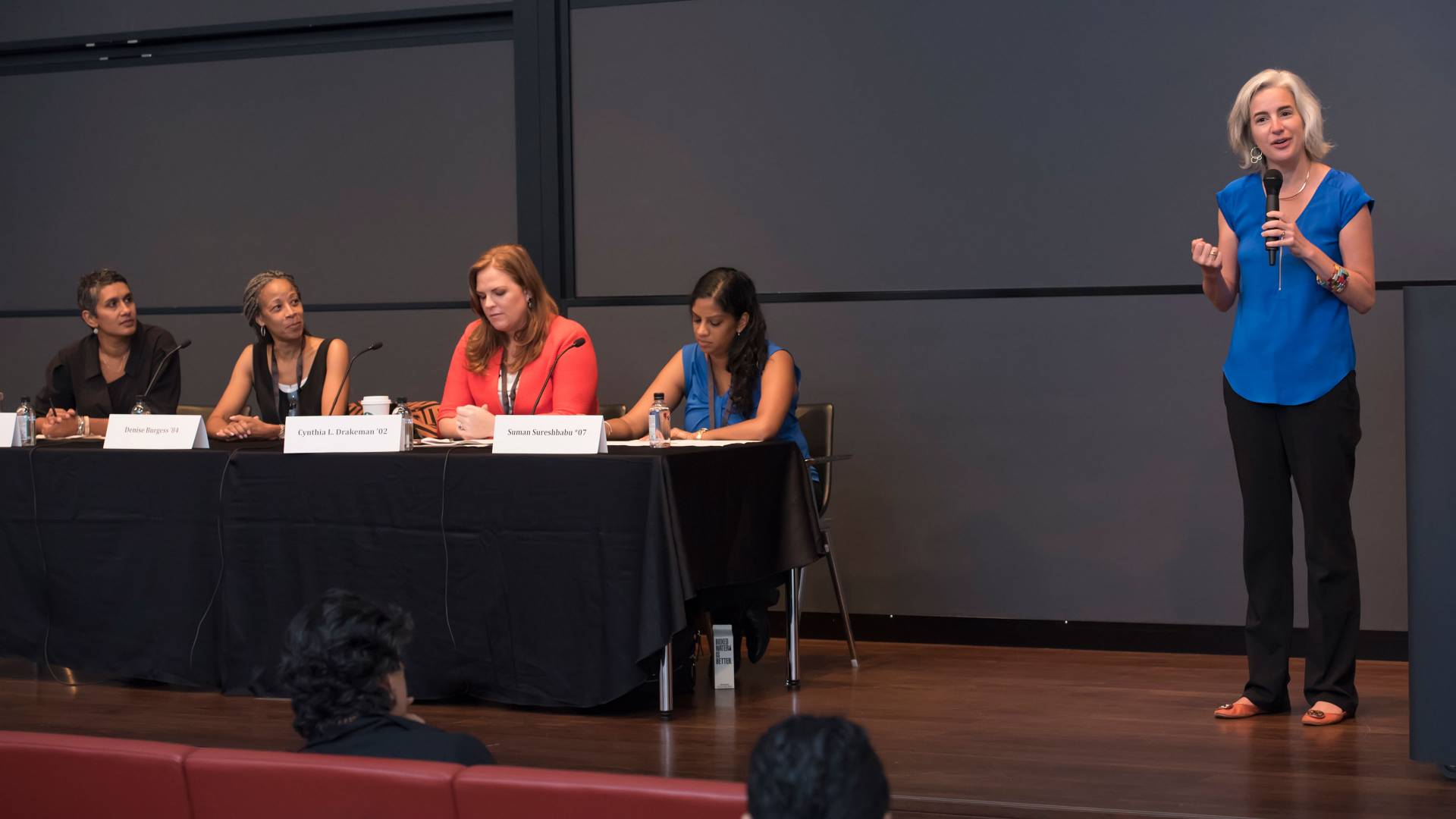 Bindiya Patel *02, Denise Burgess ’84, Cynthia L. Drakeman ’02, Suman Sureshbabu *07 and moderator Denise Raquel Dunning *01