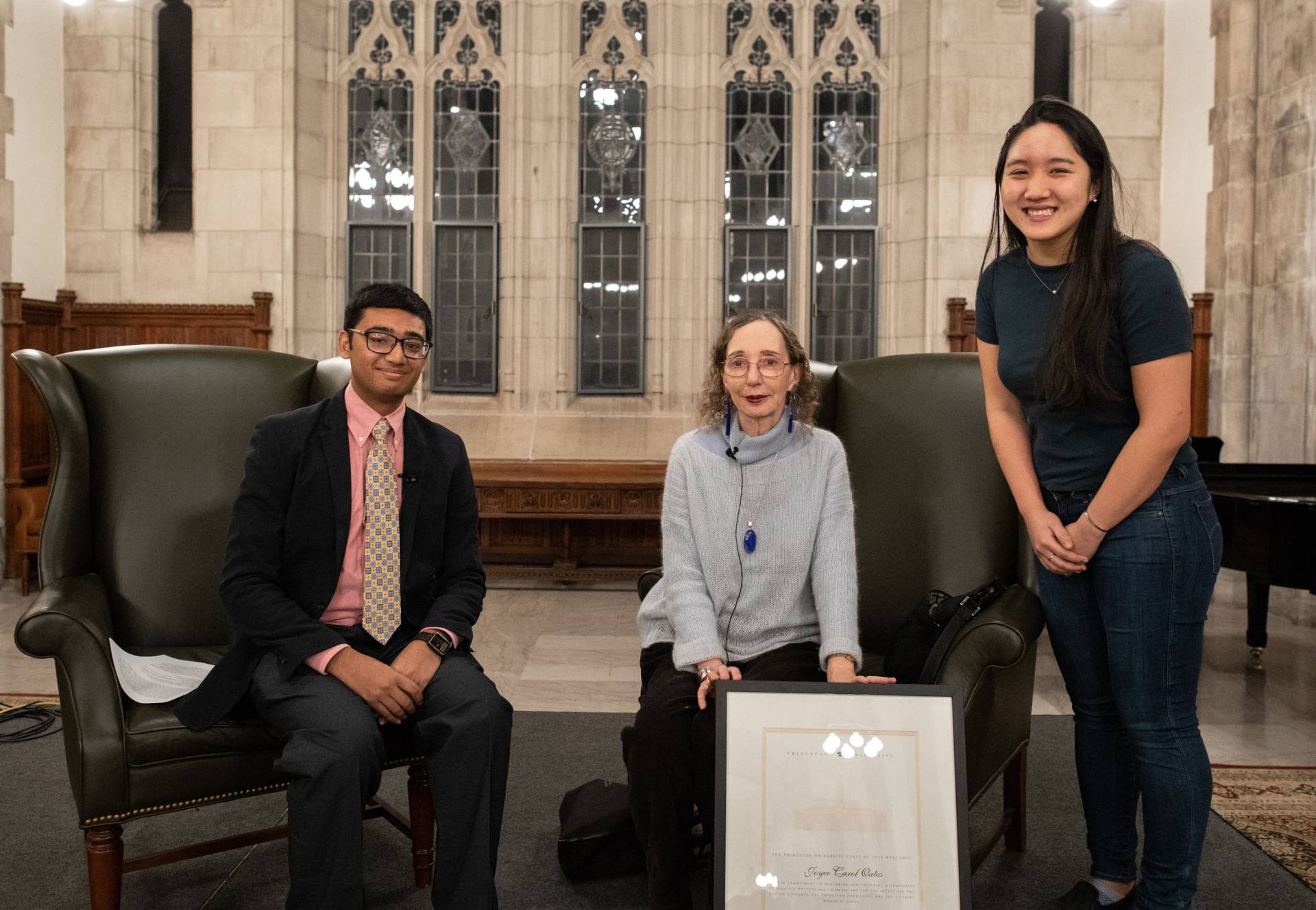 From left: Abhiram Karuppur, Joyce Carol Oates and Amy Zhang