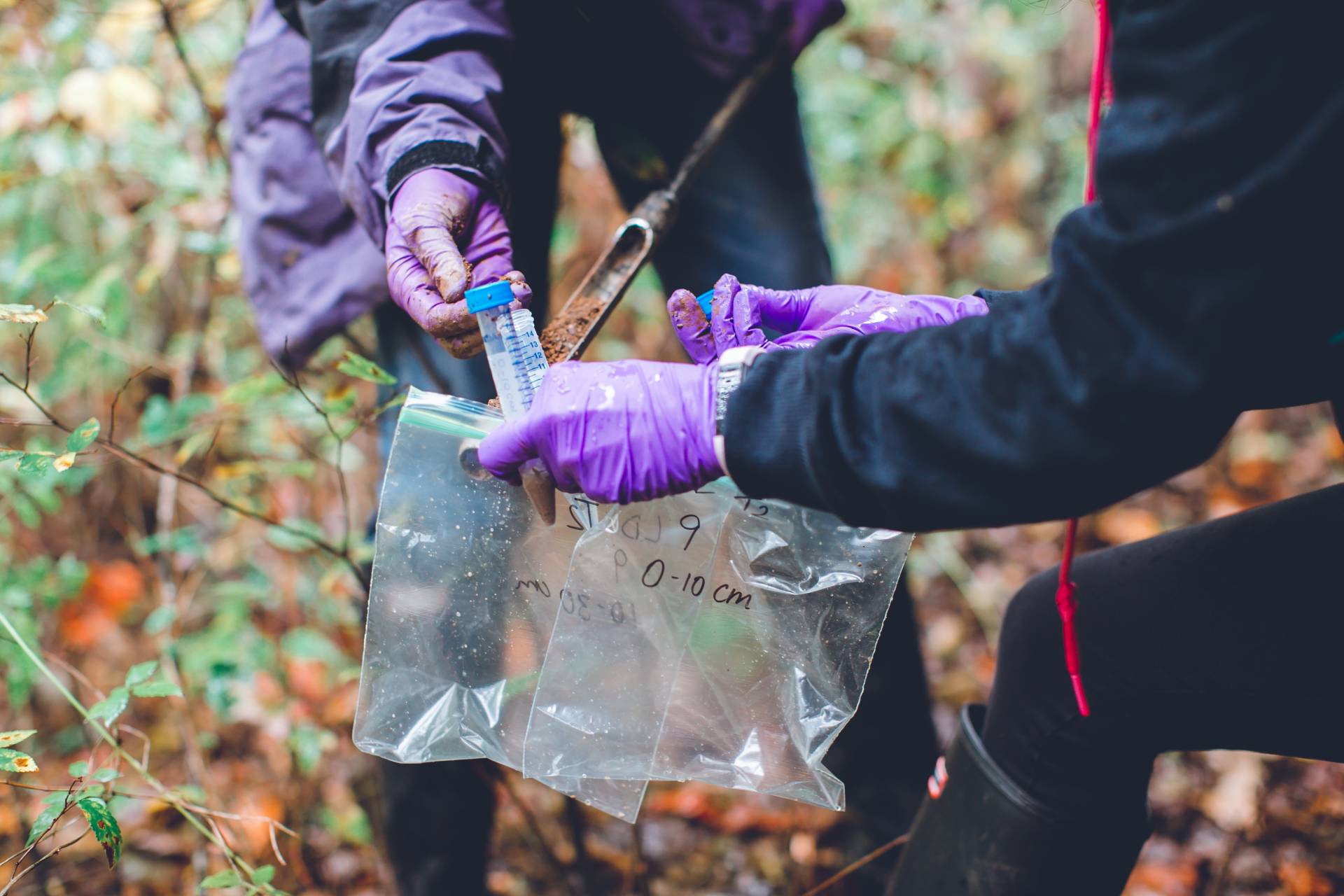 Close up of gloved hands collecting water samples by a river