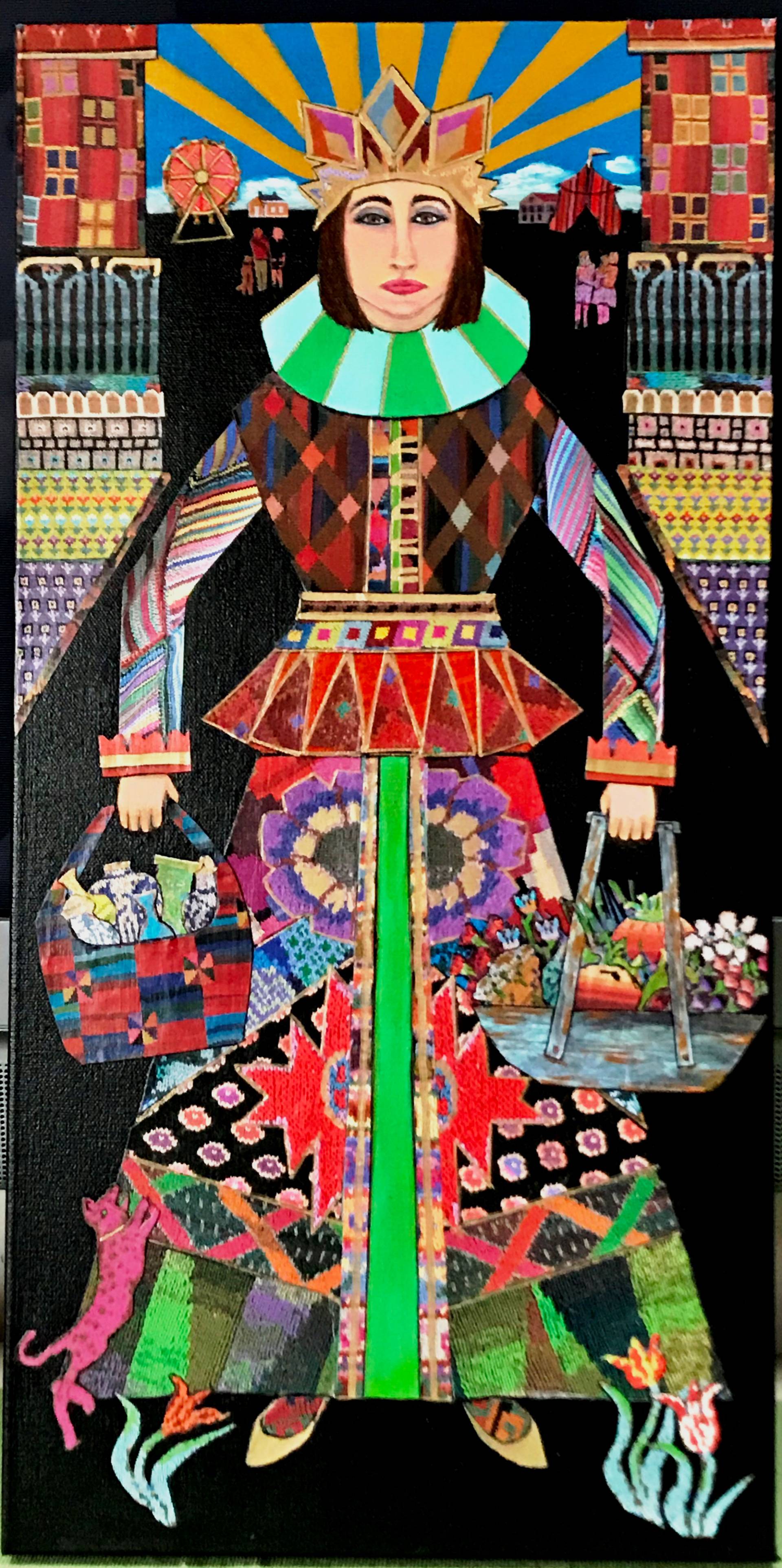 Collage with acrylic paint of a carnival queen