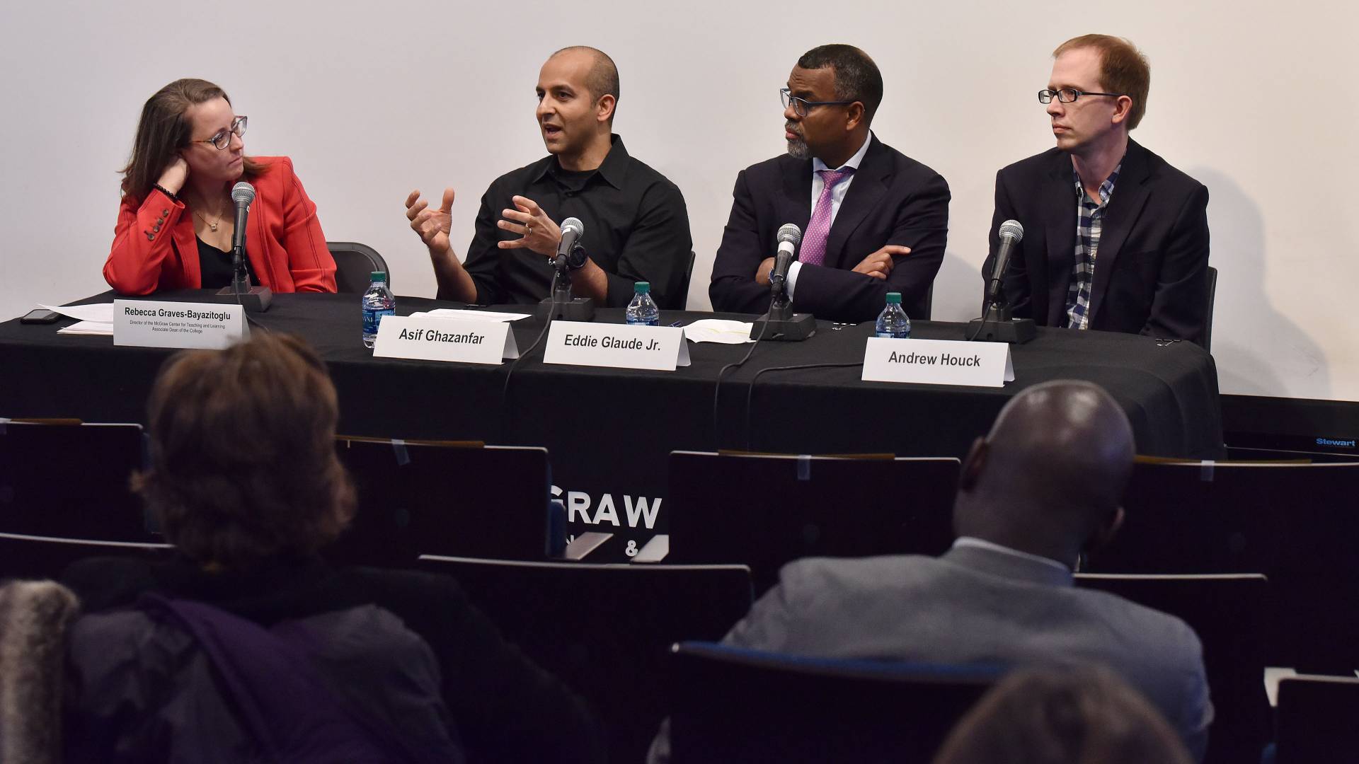 Rebecca Graves-Bayazitoglu, Asif Ghazanfar, Eddie Glaude and Andrew Houck sitting at panel table