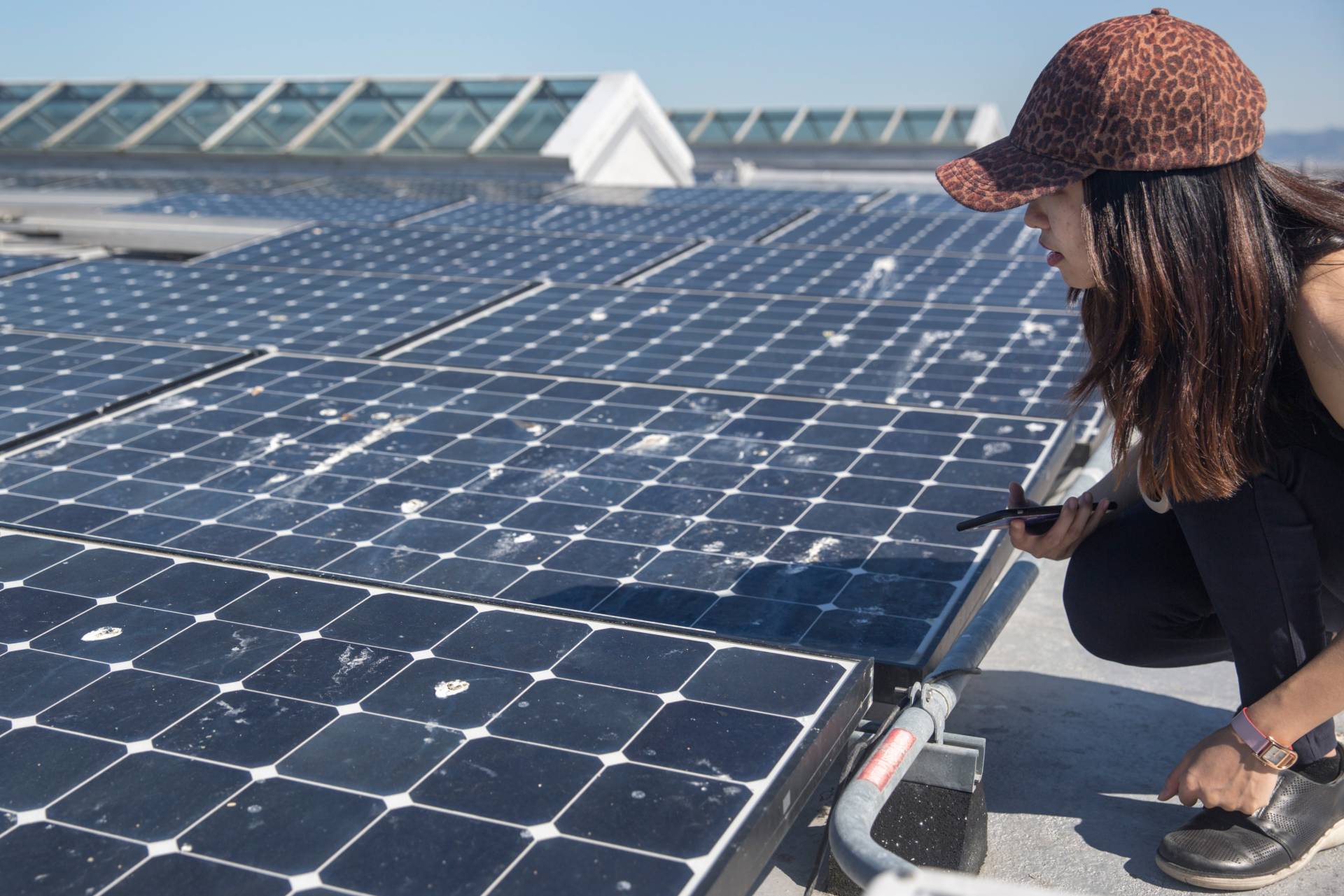 Isla (Xi) Han crouching and looking at solar panels
