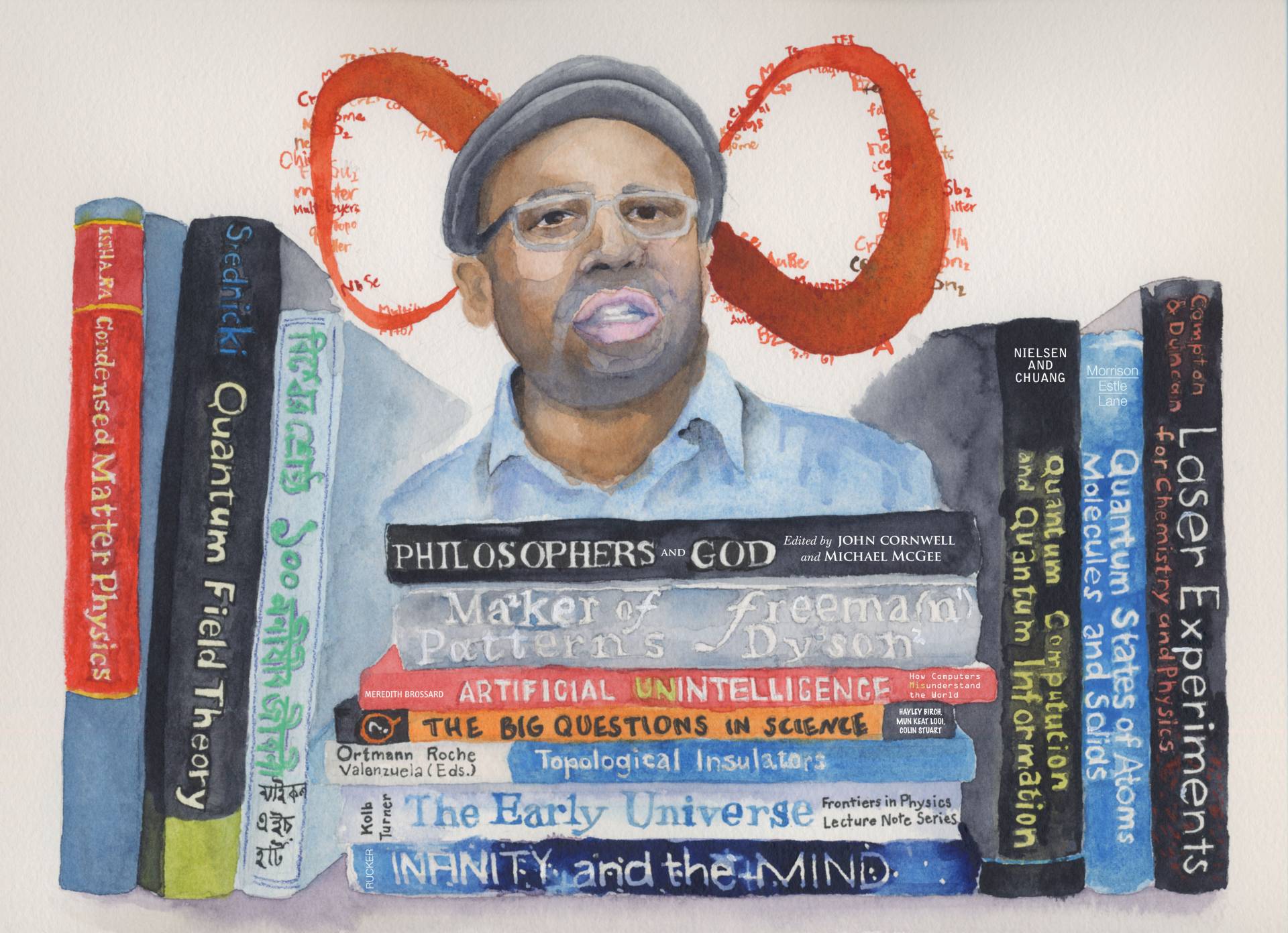 Portrait of Zahid Hasan with an infinity symbol behind him and books he will read this summer in front