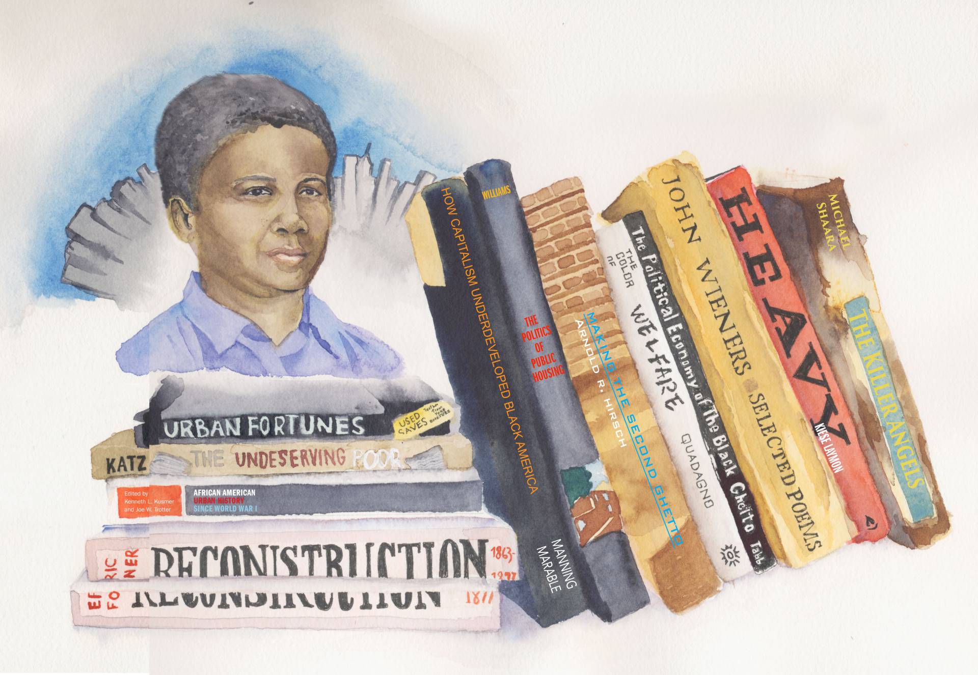 Portrait of Keenanga-Yamahtta Taylor with a Chicago skyline landscape behind her and books she will read this summer in front