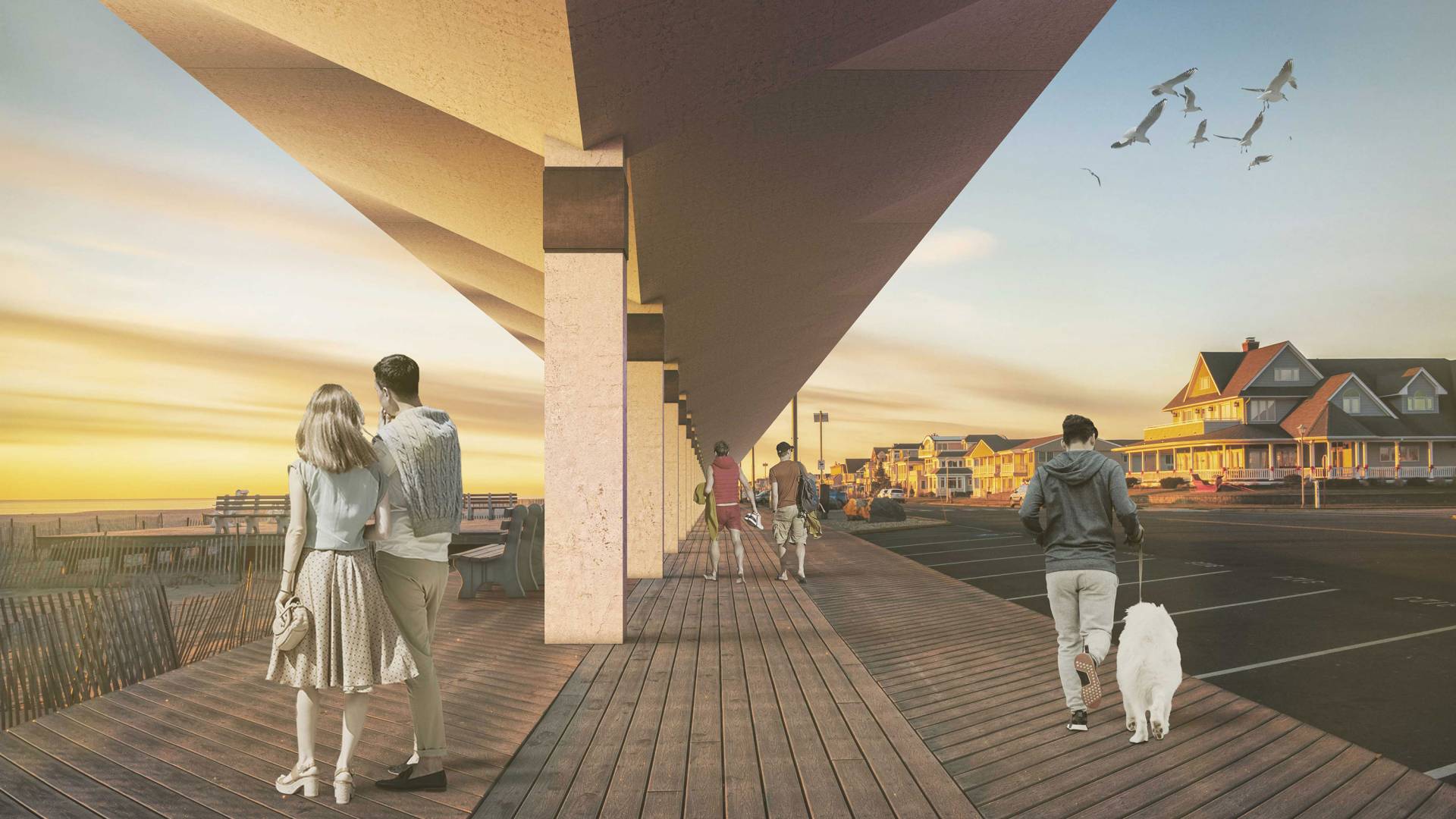 Artist's rendering of a pedestrian area under an umbbrella structure
