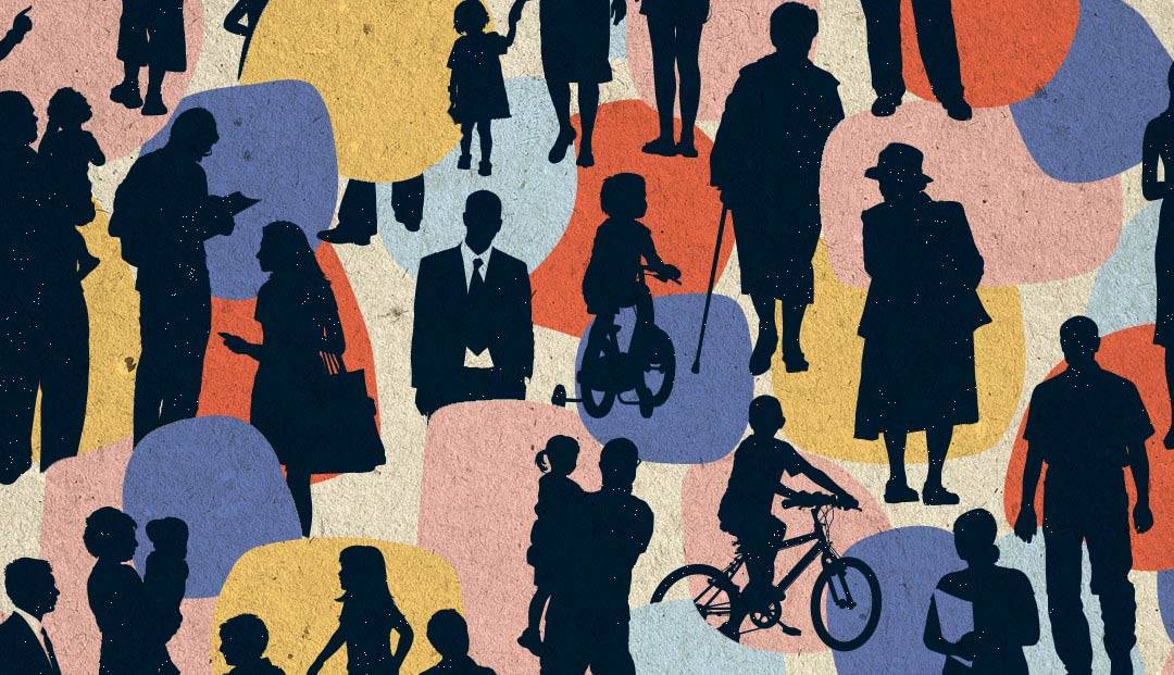 Silhouttes of people on a multicolored background