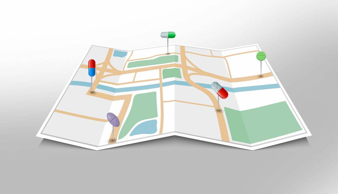 map illustration with pill pins