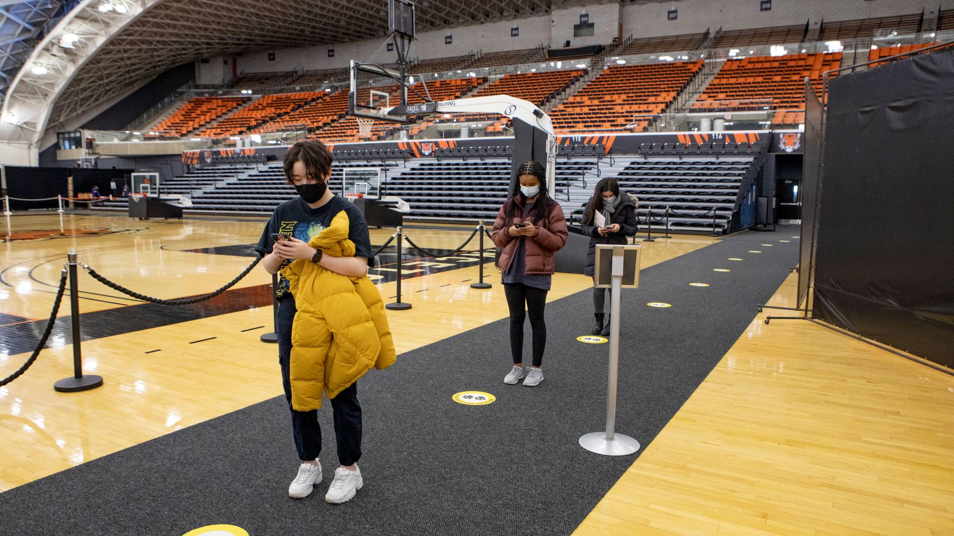 Students social distancing in line