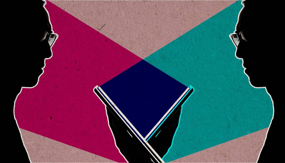 Two figures wearing glasses in the beam of their devices