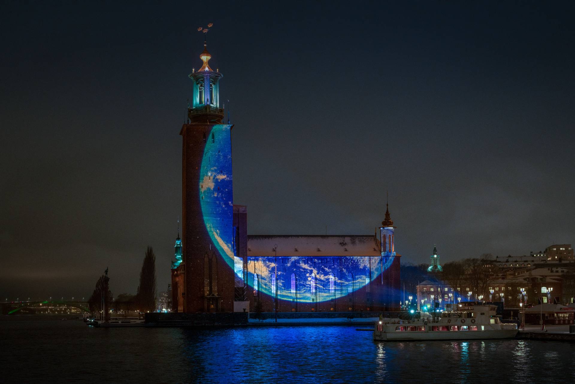 Earth projected onto a Stockholm building