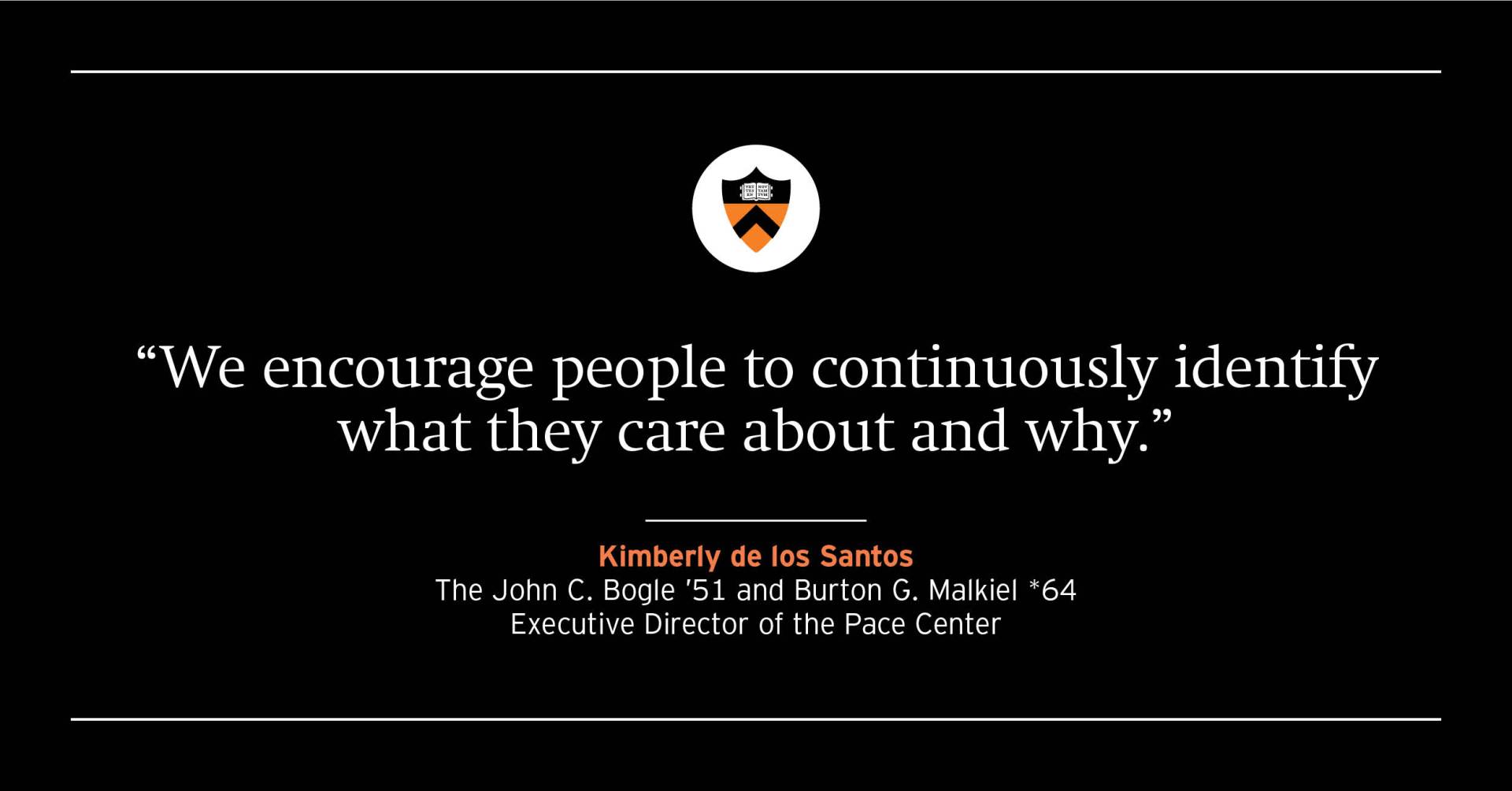 “We encourage people to continuously identify what they care about and why.” Kimberly de los Santos, the John C. Bogle ’51 and Burton G. Malkiel *64 executive director of the Pace Center 