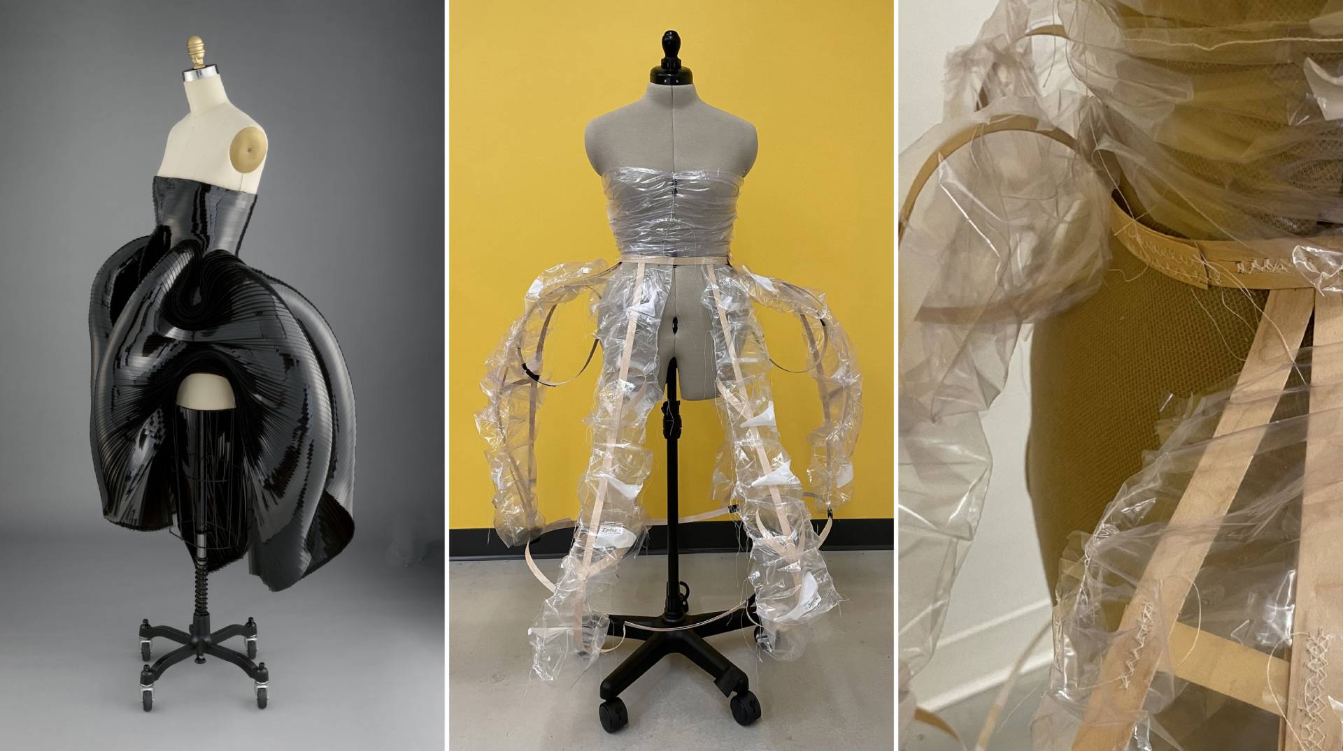 Black poly-dress, clear dress, detail of the stitching on the clear dress