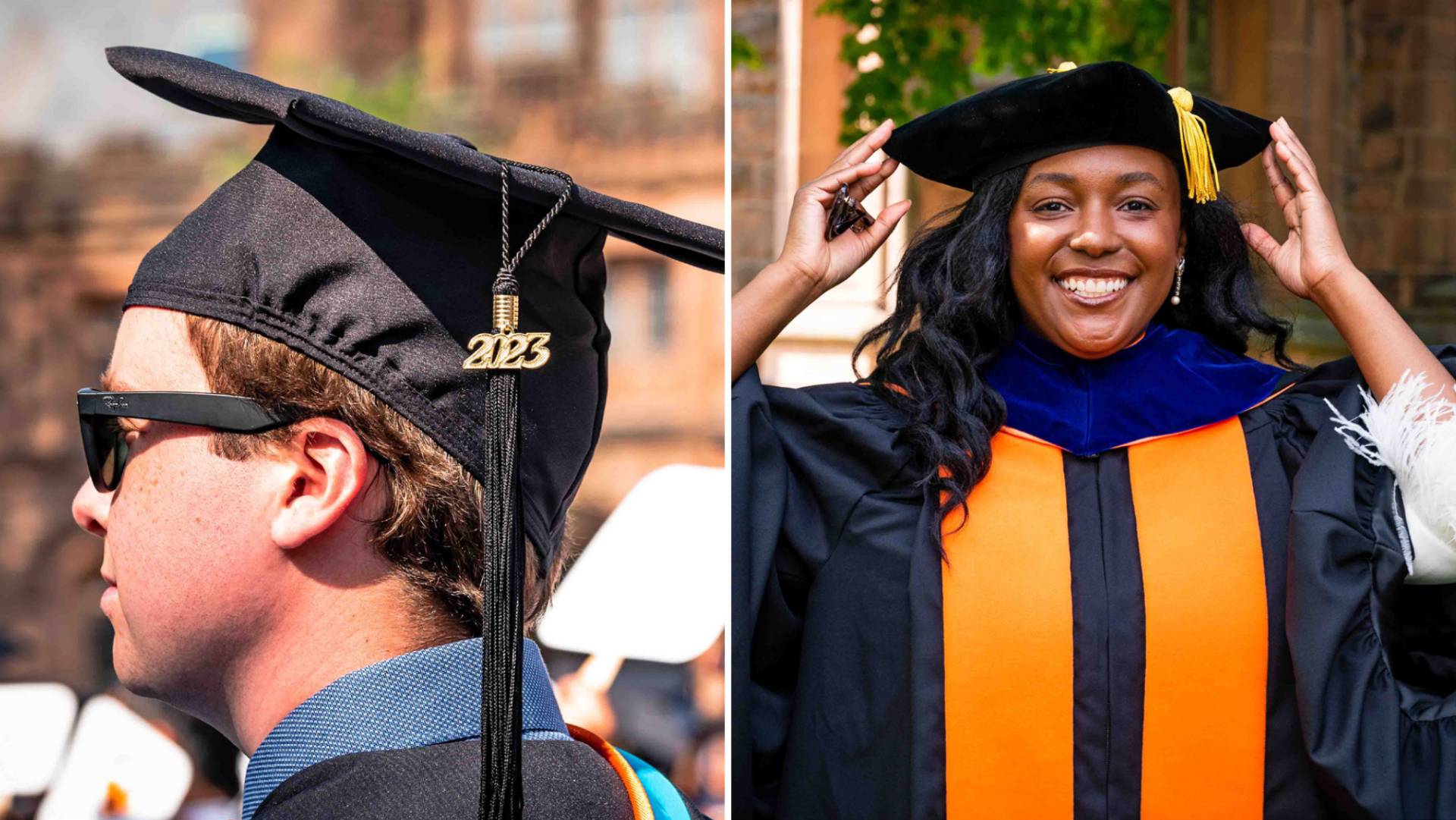 Man with mortarbaord; women with cap, gown, and hood