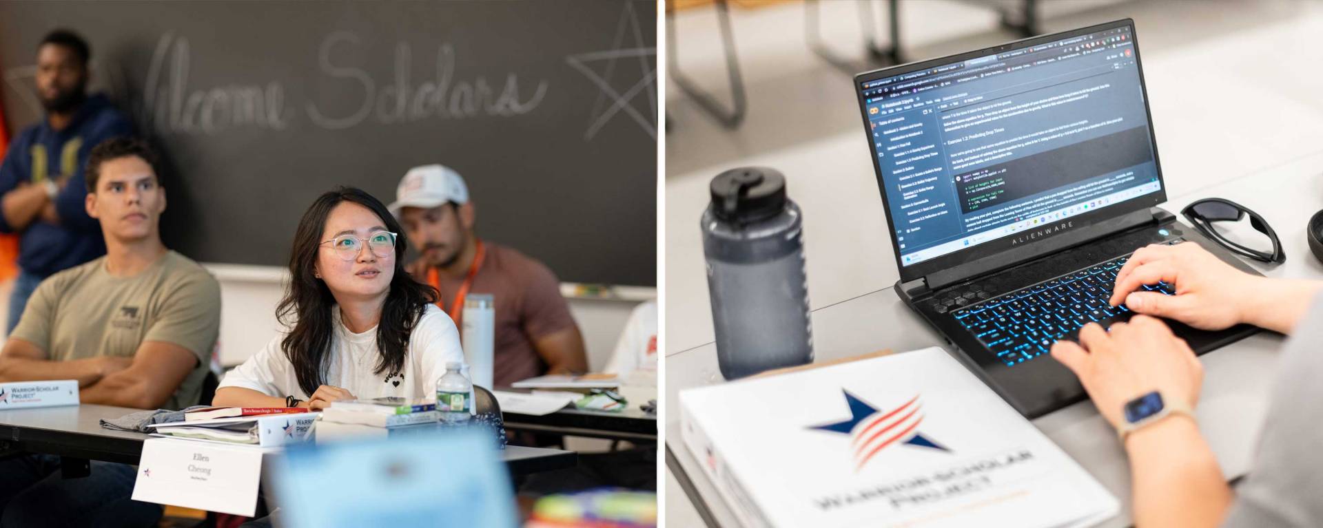 Students listen attentively in class; a student types into a laptop 