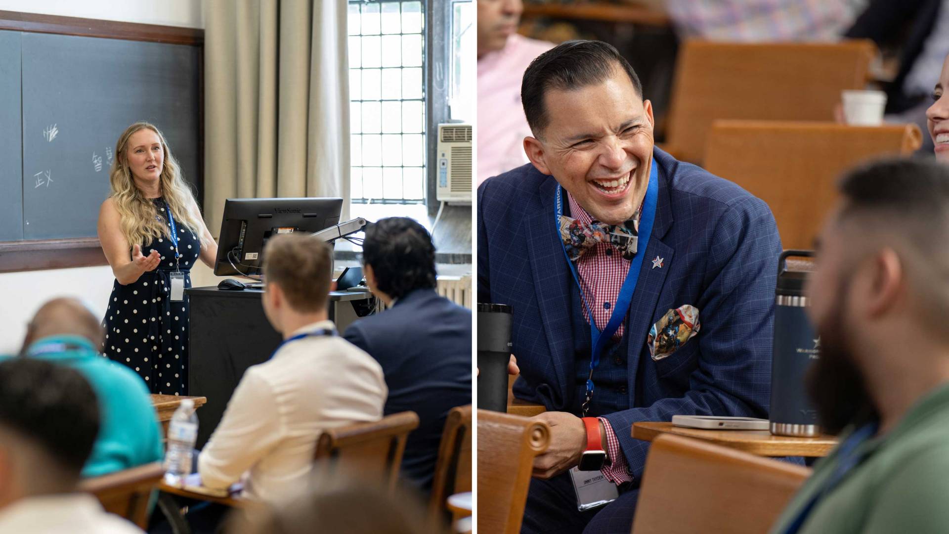 Students listen to a lecture; right: students share a light moment amongst themselves.