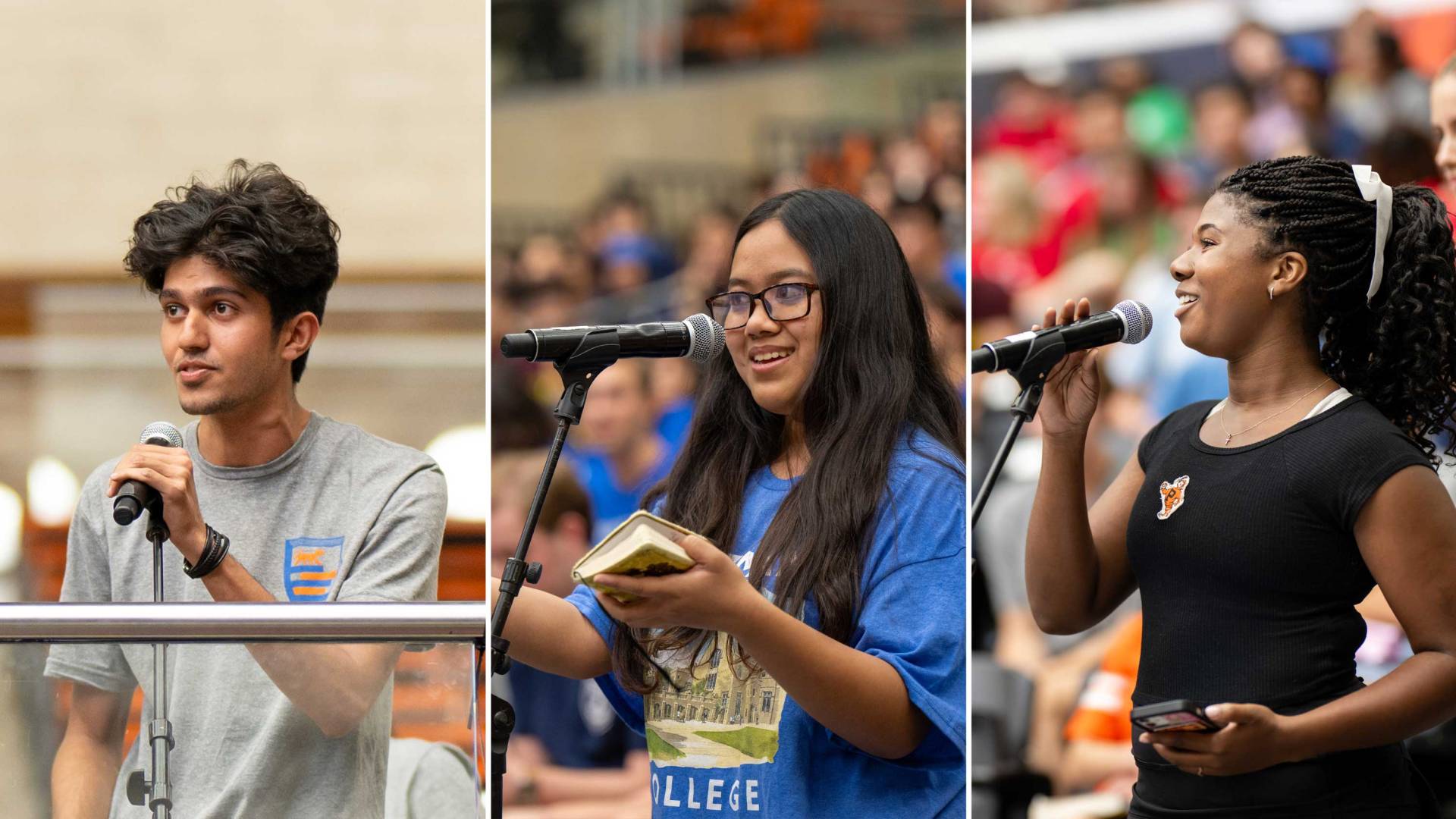 Students stand in front of microphones to ask Maria Ressa questions