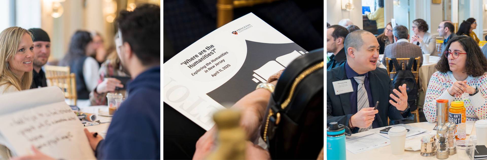 Conference participants talk with each other at small tables.