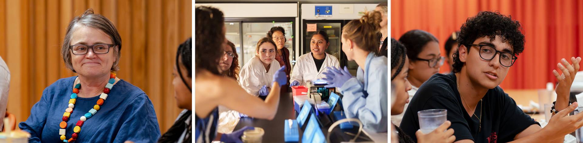 Professor Heather Howard, students in a lab and a student listening during a dinner discussion.