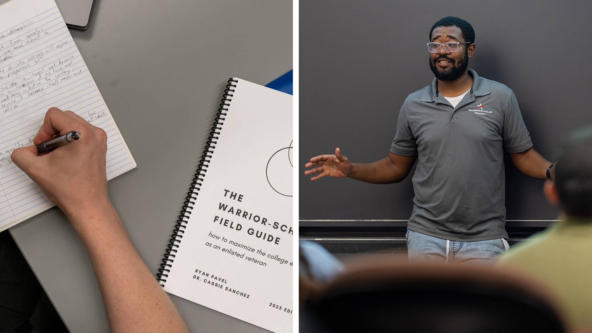 A student writes in a notebook next to a copy of the Warrior-Scholar Field Guide on the desk; a Warrior-Scholar fellow stands in front of the classroom.
