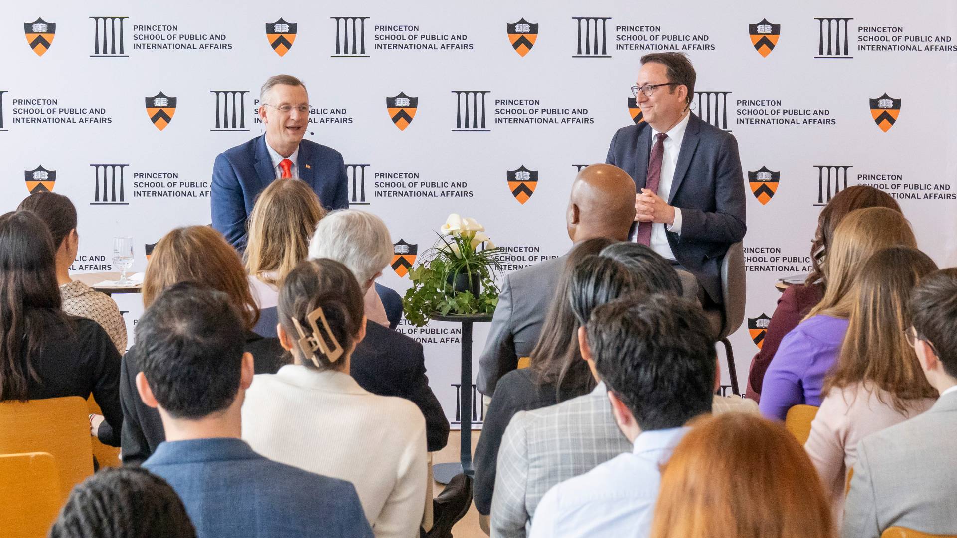 U.S. Secretary of Veterans Affairs Doug Collins and Professor Udi Ofer engage in discussion to a packed crowd at the SPIA DC Center