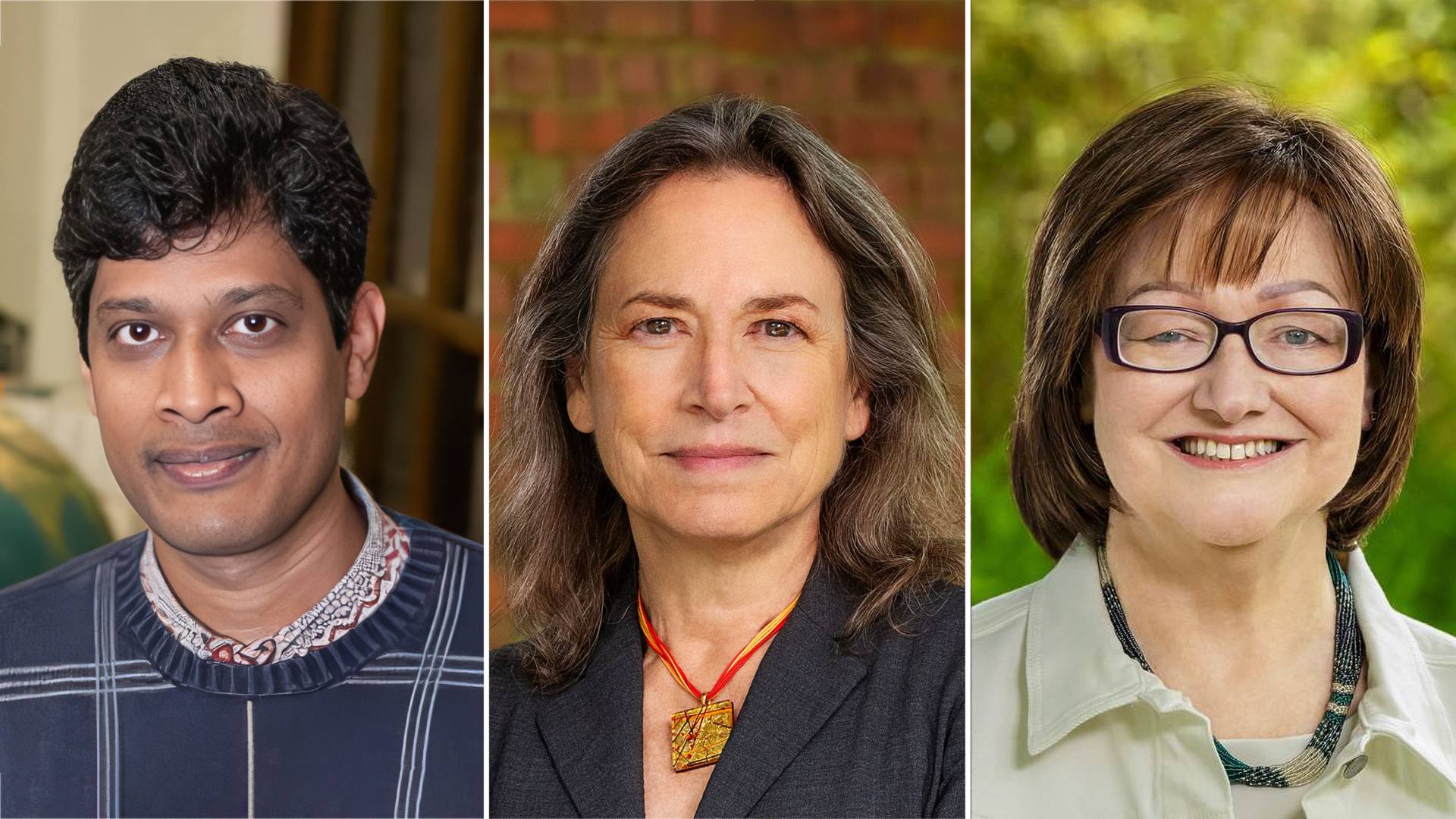 Trio of images showing researchers Satish Myneni, Emily Carter and Catherine Peters