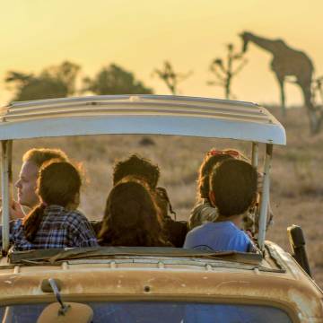 students observe a giraffe in Kenya
