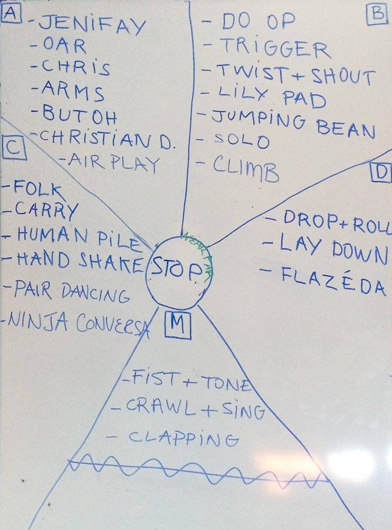 "What I Think: Rebecca Lazier" whiteboard with dance modules