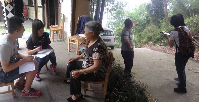 The researchers interviewed 166 households about the percentage of household income that came from forest production. They found that switching to a mixed forest, which would improve biodiversity, is unlikely to pose economic risks to households, the researchers concluded. <i>(Photos by Fangyuan Hua, Woodrow Wilson School of Public and International Affairs)</i>