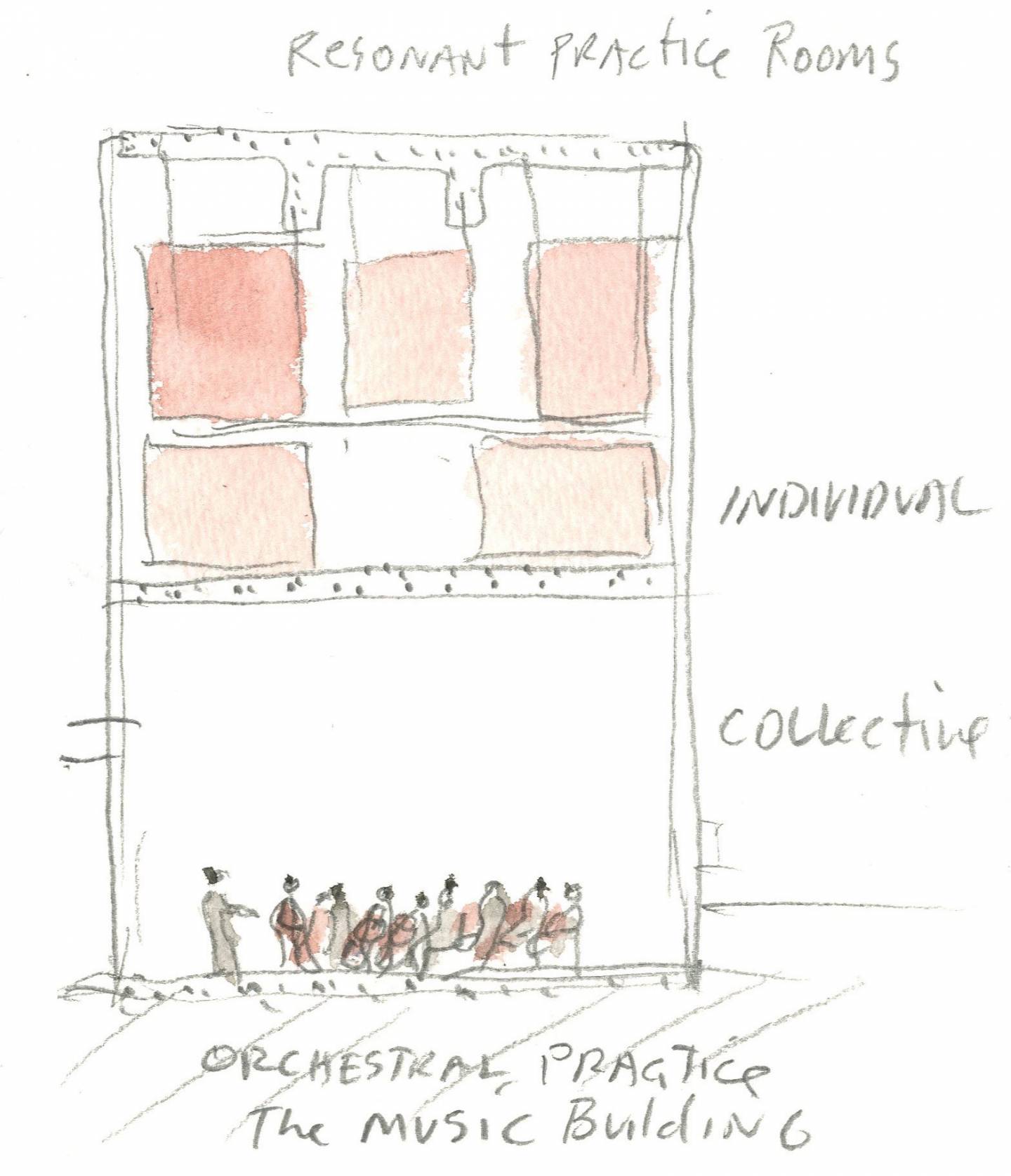 Architectural watercolor sketch of New Music Building