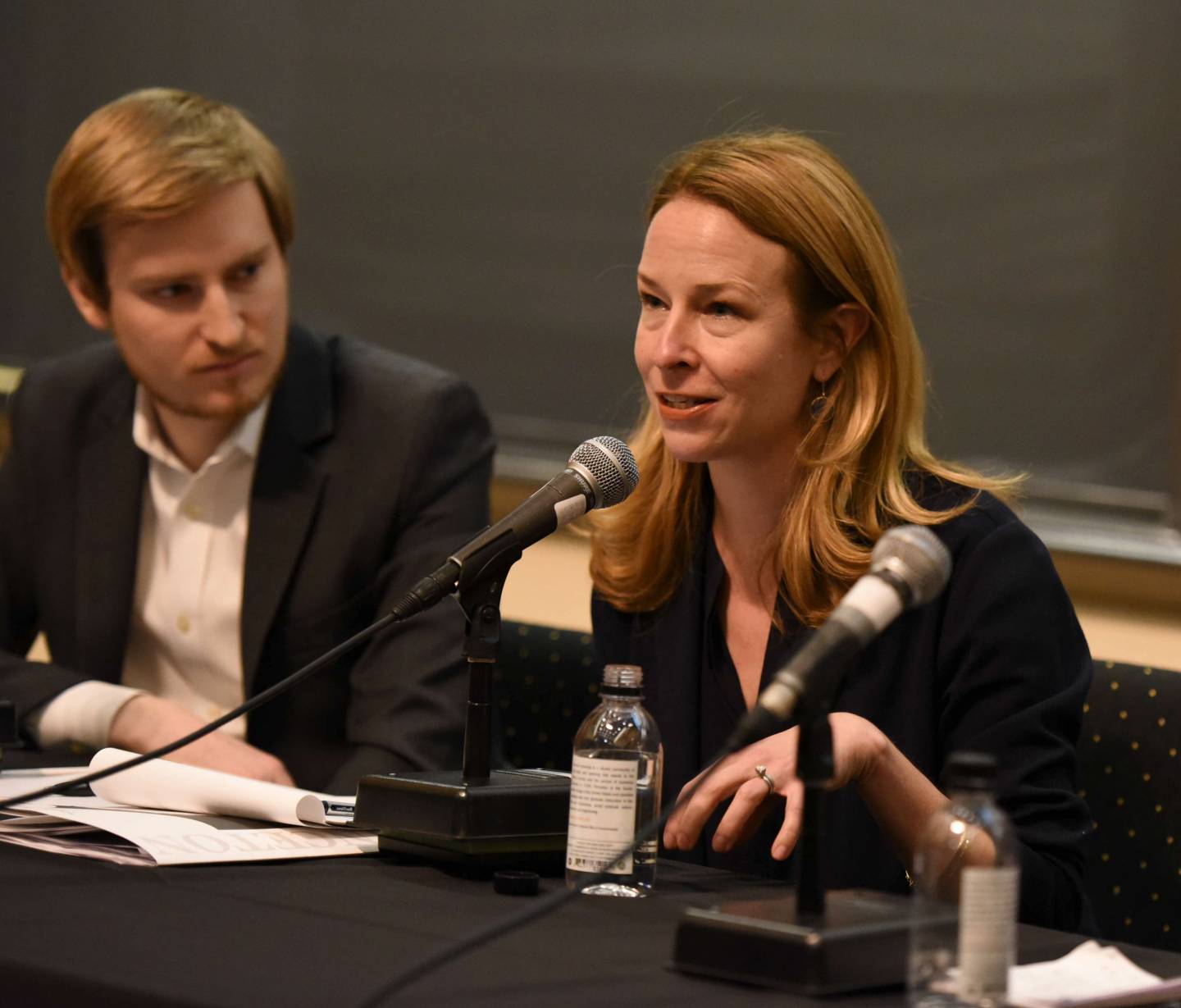 David Edelman and Terrel McSweeny speaking to audience