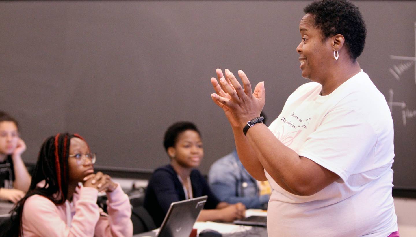 Joy Barnes-Johnson speaking in front of classroom