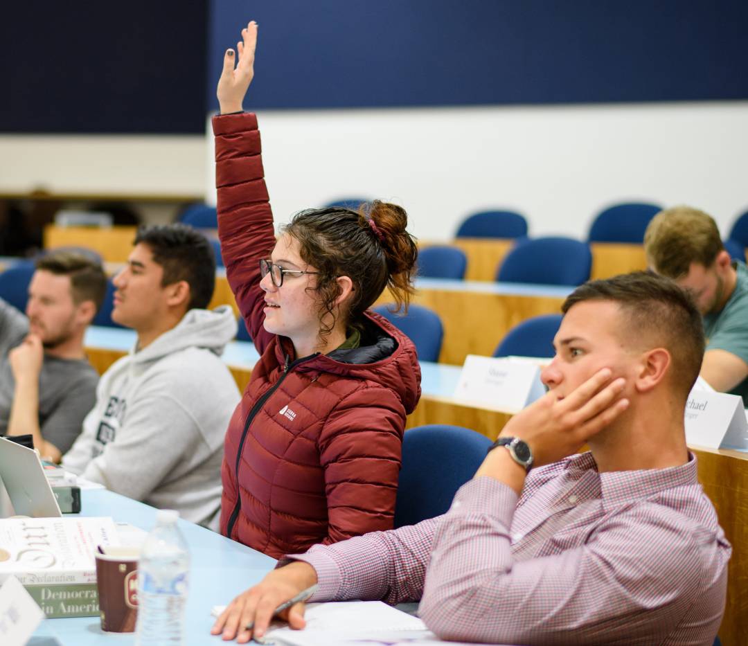 Student raises their hand in a classroom setting surrounded by other students
